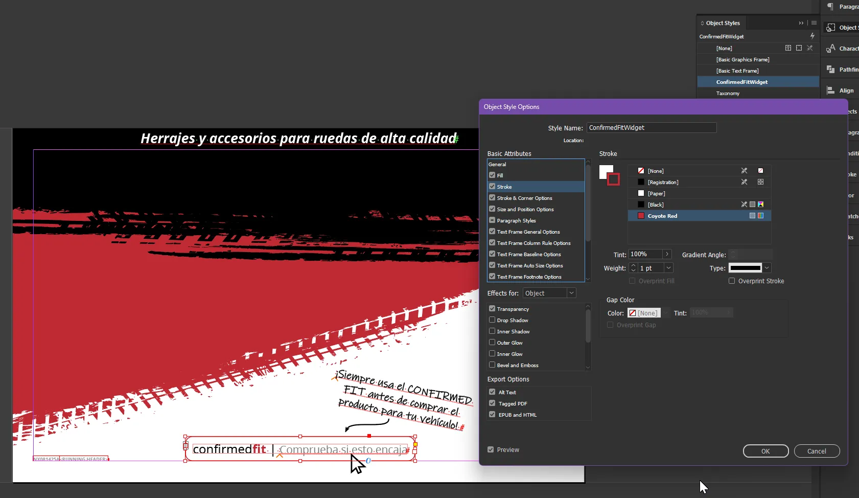 Inside the master file for every asset, almost everything was modular and design aspects were globally defined. This enabled design improvements to be made easily over time and applied not only to graphics made from that point forward, but also those made before. The templates within the master file even featured localized text for different languages, starting with English and Spanish, as shown here.