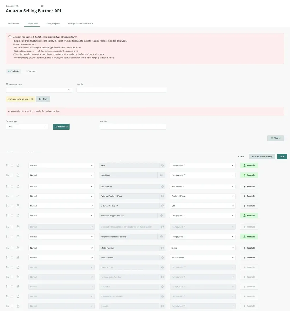 My SPAPI connectors in Sales Layer featured individual SQL transformations for each particular marketplace, present in fields with 'Formula' lit in green.